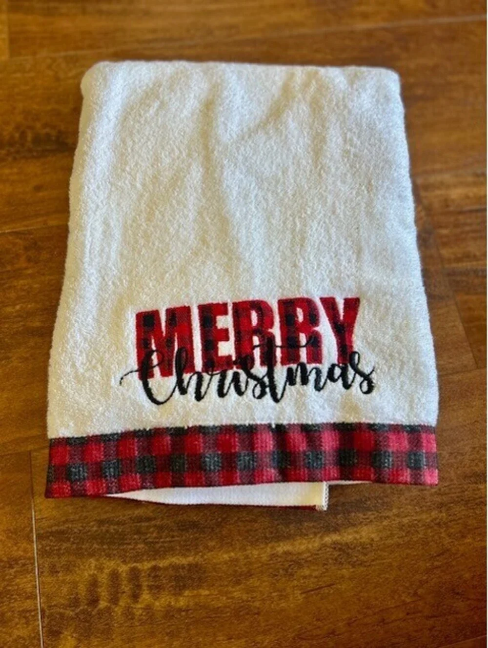 Set of 3 White Merry Christmas 1 Towel & 2 Hand Towels Red and Black Plaid Trim